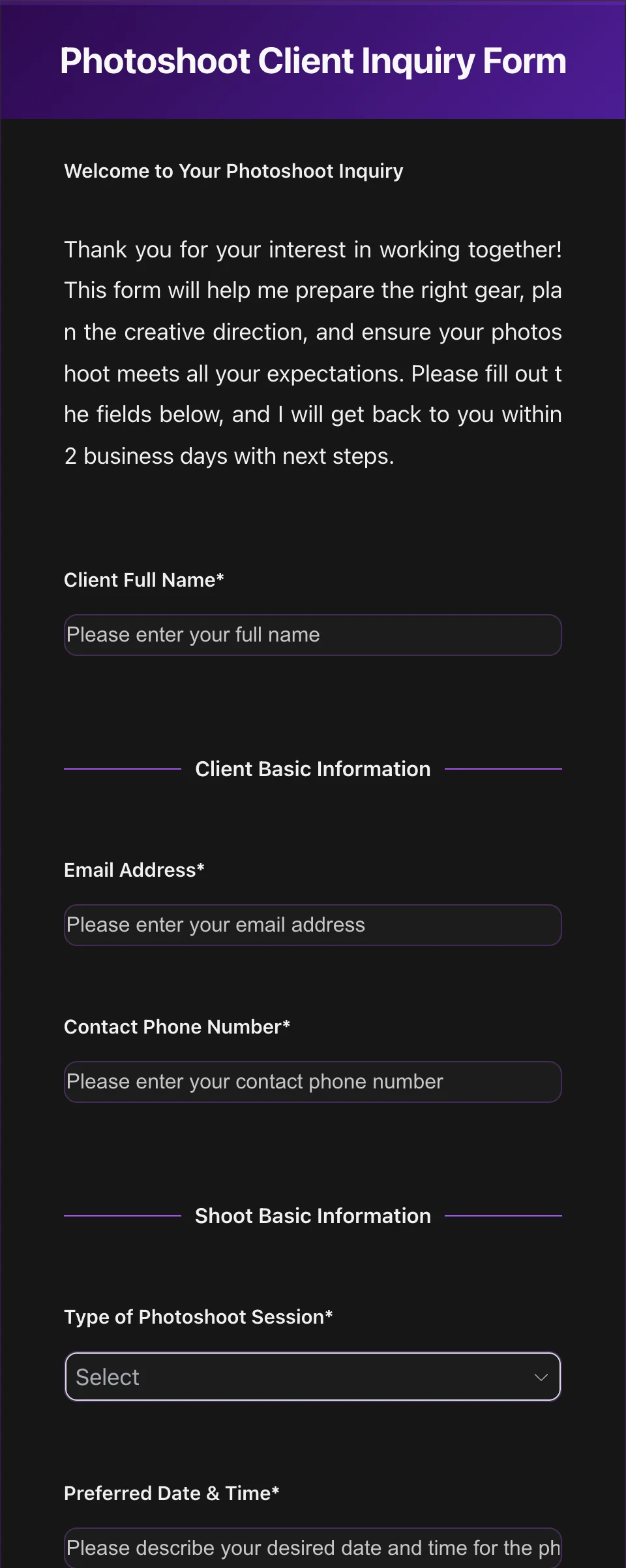 Photography Intake Form